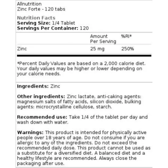 Allnutrition Zinc Forte | Zinc Lactate 25 mg