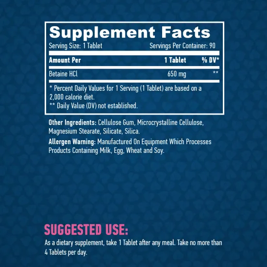 HAYA LABS Betaine HCL 650 mg / 90 Tabs