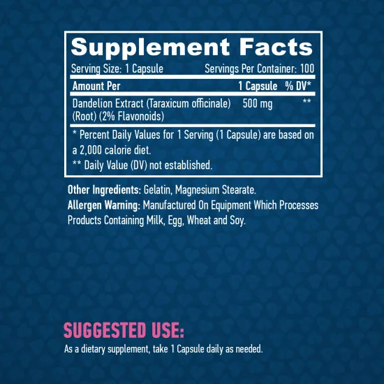 HAYA LABS Dandelion Root Extract (2% Flavonoids) 500 mg / 100 Caps
