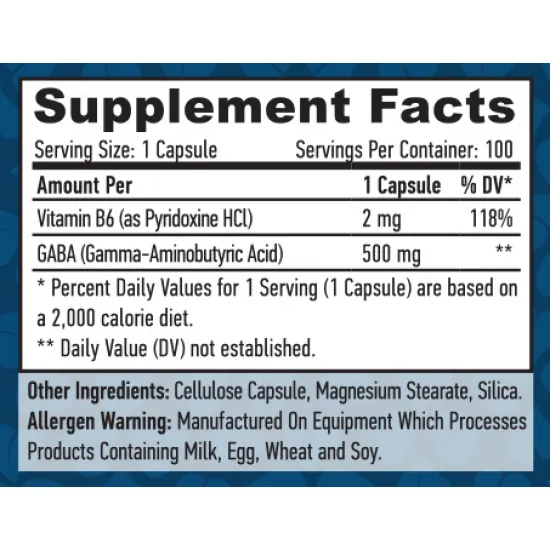 HAYA LABS GABA + B-6 500 mg / 100 Vcaps