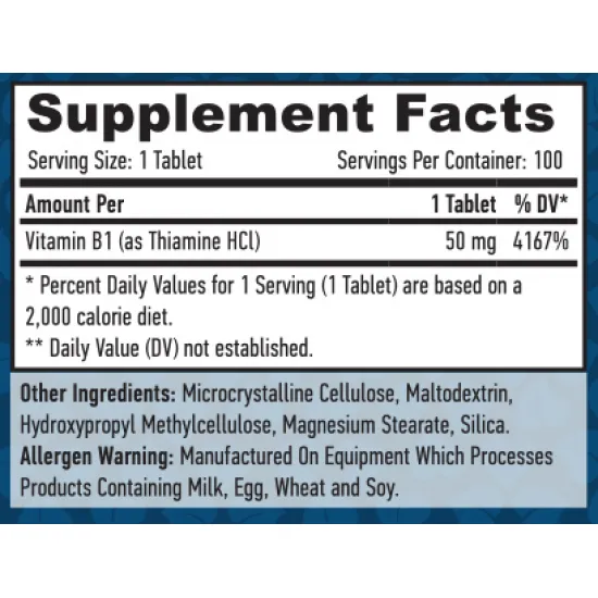 HAYA LABS Vitamin B-1 /Thiamine/ 50 mg / 100 Tabs