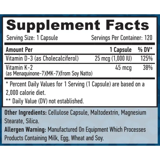 HAYA LABS Vitamin D-3 1000 IU & МK-7 45 mcg / 120 Vcaps