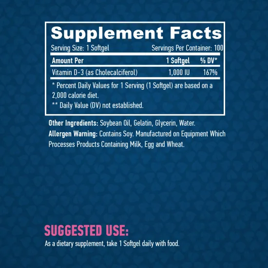 HAYA LABS Vitamin D3 / 1000 IU / 100 Softgels